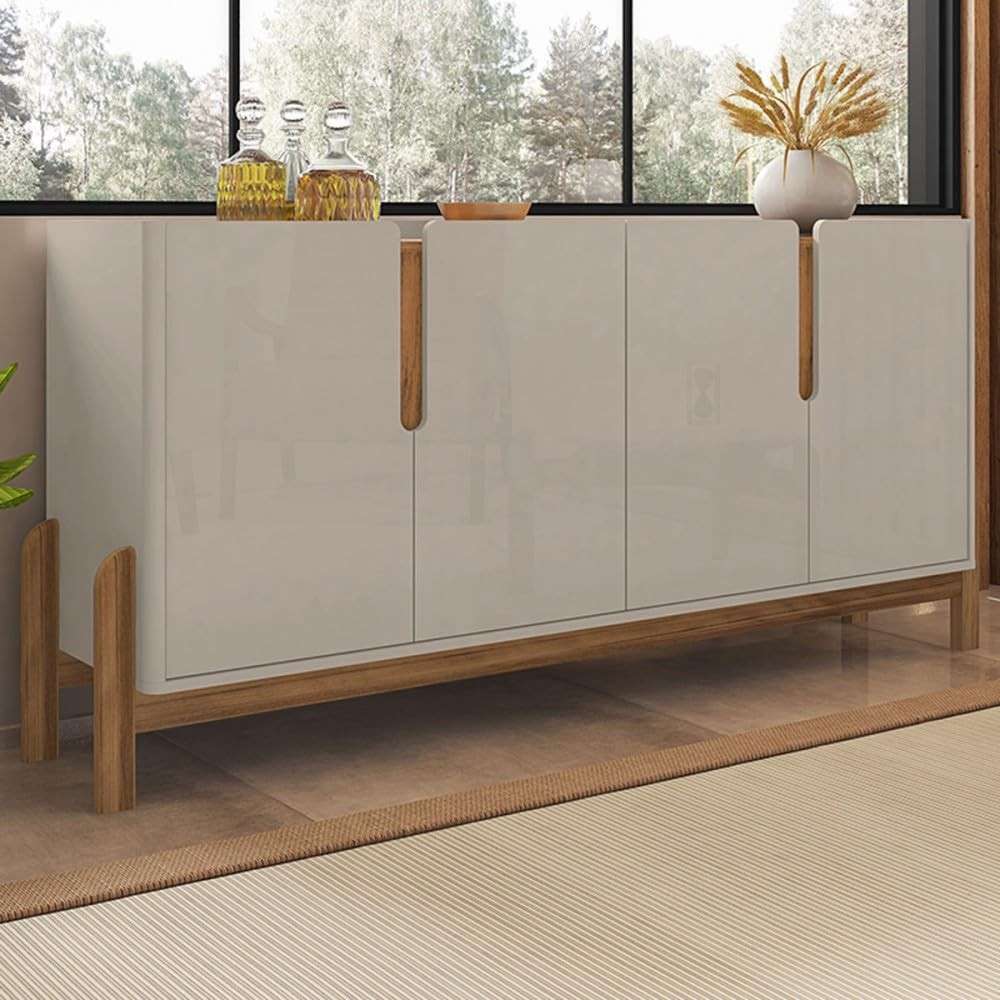 Aparador Buffet Sala Lizz 170cm com Pés de Madeira Maciça – Design Sofisticado Off White/Cedro