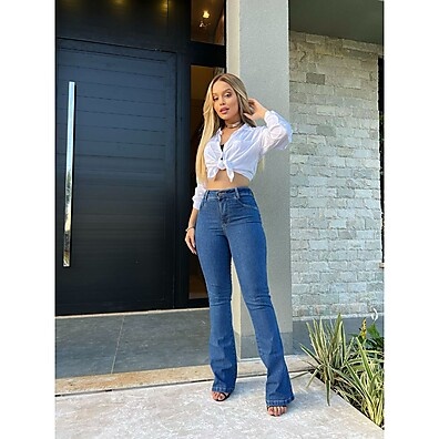 Calça Flare Jeans Feminina Cintura Alta Levanta Bumbum