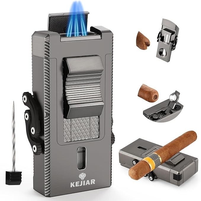 KEJIAR Isqueiro Maçarico para Charutos, Isqueiro Butano Recarregável À Prova de Vento com Cortador Em V para Charutos, Furador para Charutos, Suporte para Charutos, Intensificador de Tiragem de Charut