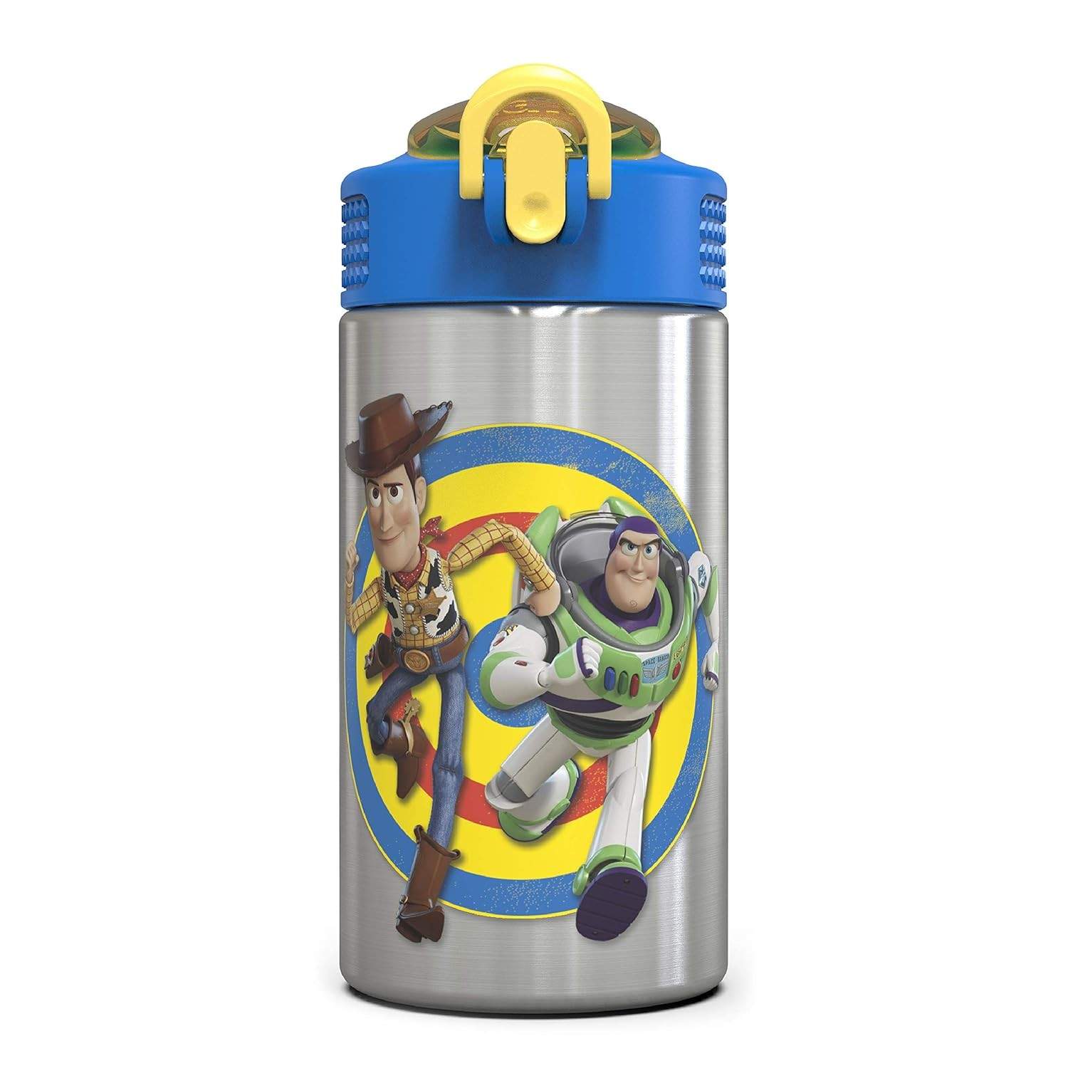 Garrafa de Água Toy Story 4 Buzz & Woody 450ml - Com Canudo e Tampa de Ação com Uma Mão