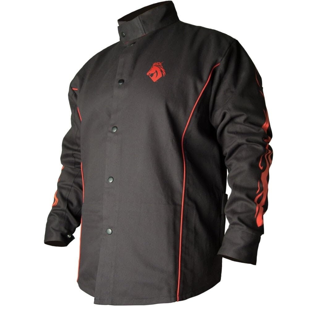 BSX BX9C Jaqueta de solda de algodão preta com chamas vermelhas - GG
