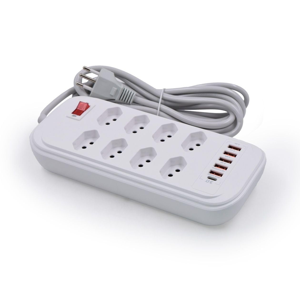 Extensão Elétrica 8 Tomadas + 5 USB (PD 22W Tipo C) - Carregamento Rápido e Organização