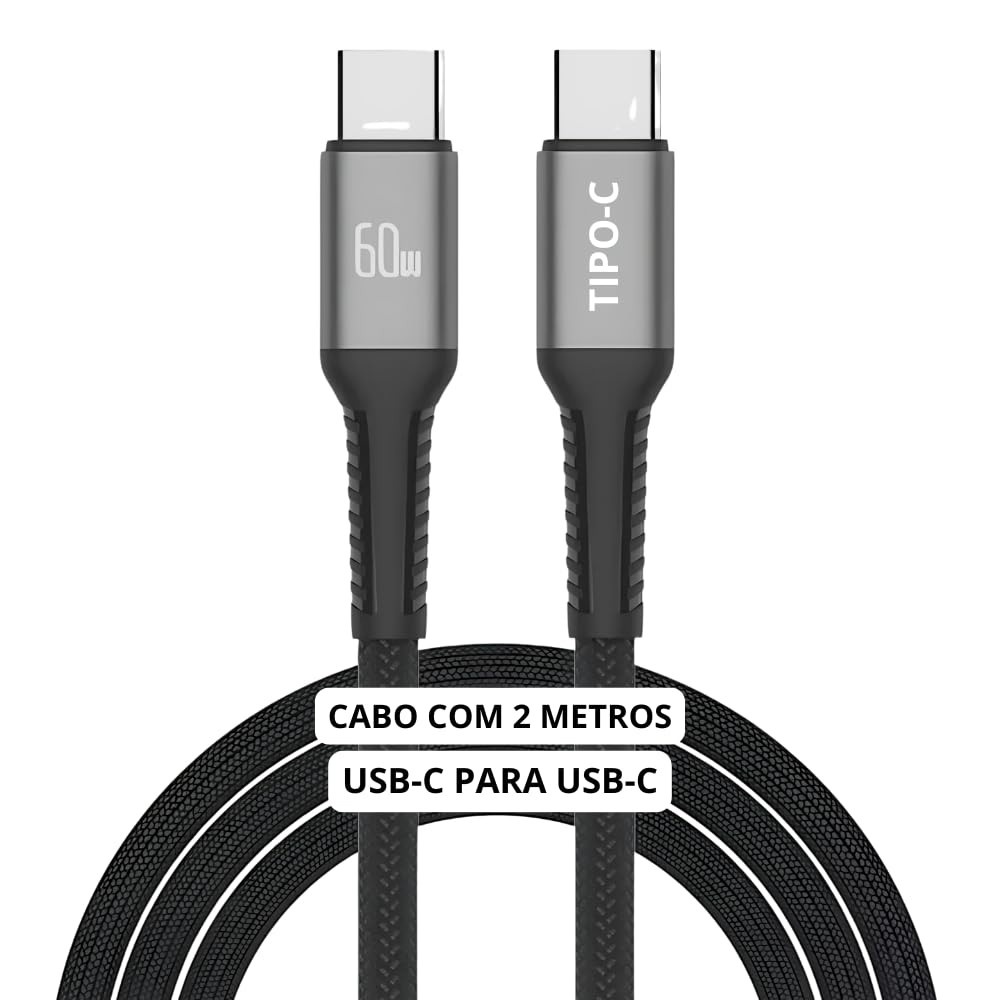 Cabo USB-C 2m Turbo 60W Ultra Rápido: Nylon Trançado, Reforçado para Android, iPhone, Notebook e Tablet - Preto Premium
