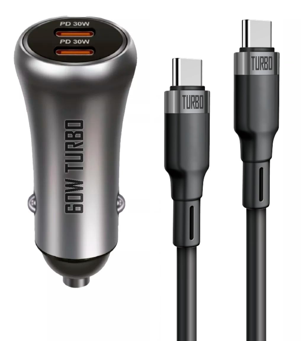 Carregador Veicular Turbo 60W Casepro: Carregamento Rápido Dual USB-C para iPhone 15/16, Samsung S24-S20, Xiaomi