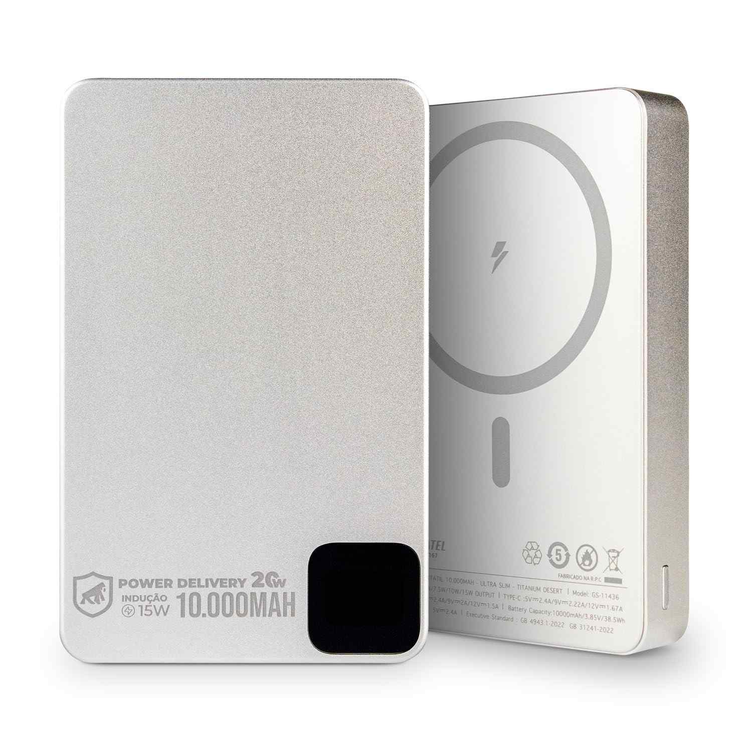 Power Bank Gshield Slim 10000mAh: Carregamento Rápido USB-C PD 20W e Wireless MagSafe 15W | Titanium Ultra Fino