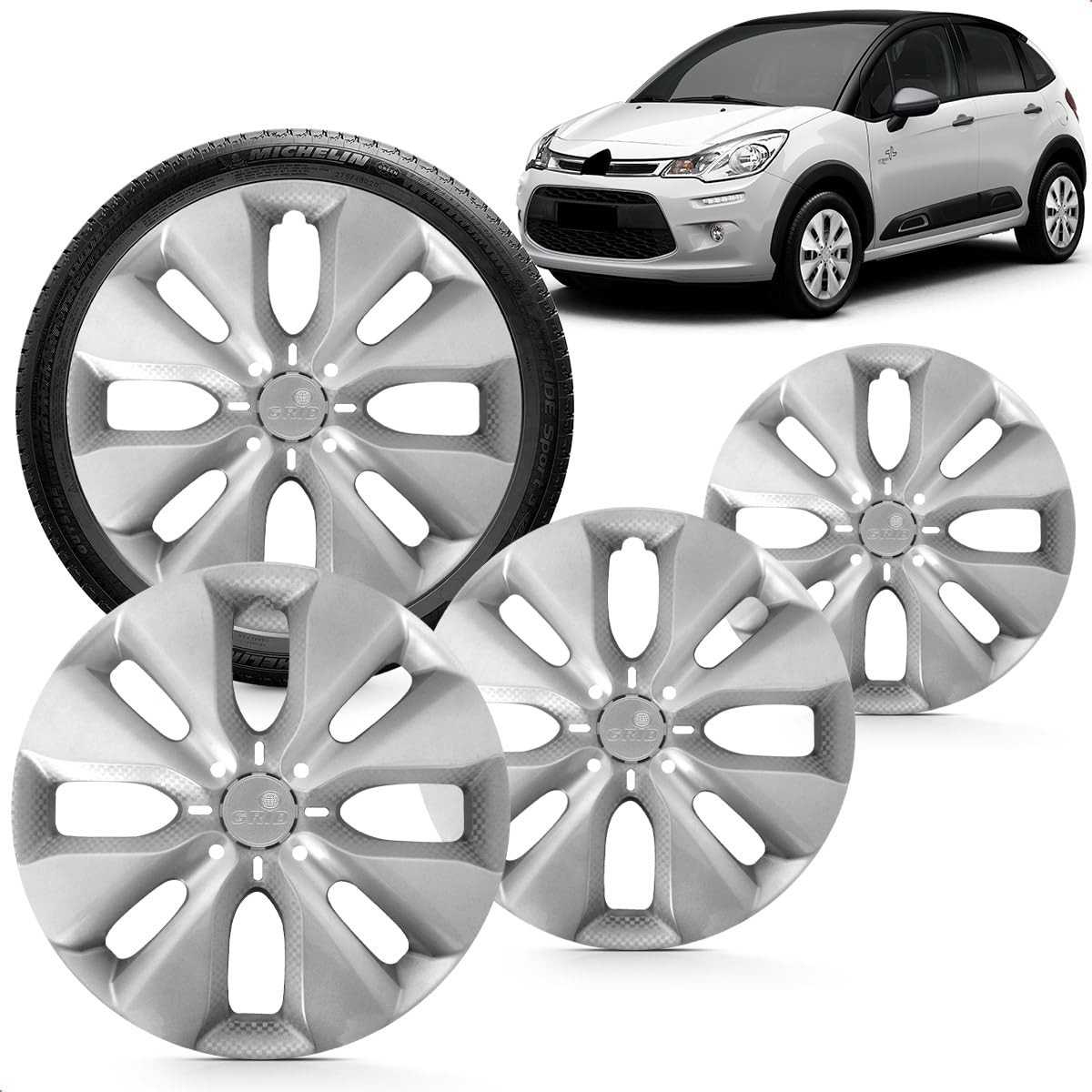Kit 4 Calotas Aro 15 Prata Grid para Citroën C3 2014-2015 - Design Grid com Fixação por Pressão