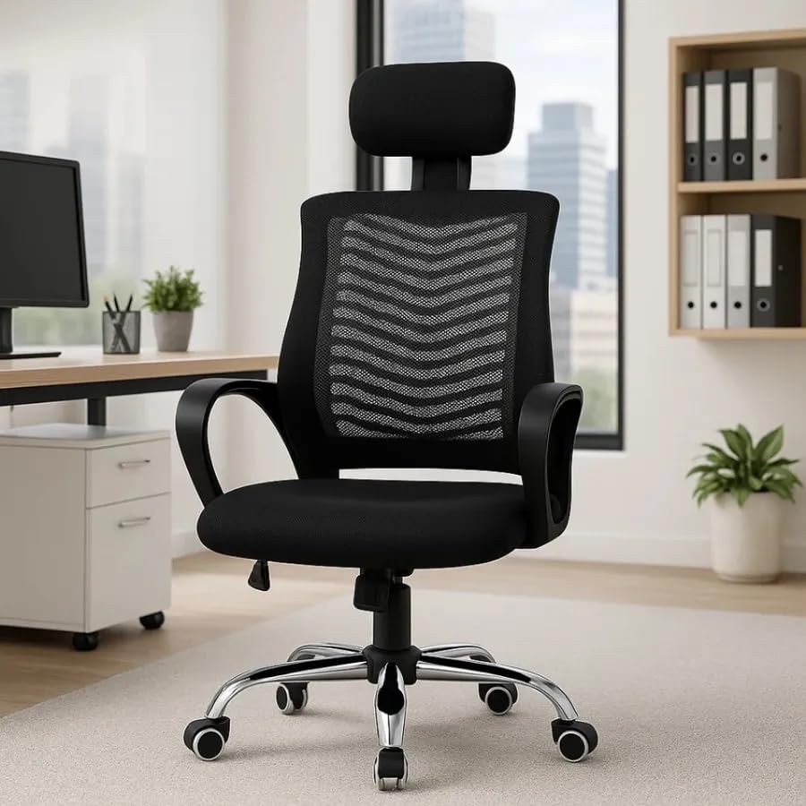 Cadeira de Escritório Ergonômica com Apoio de Cabeça Ajustável - Malha Respirável e Design Moderno