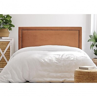 Cabeceira Casal Reta Luxo 140x60 Veludo Terracota com Tachas Fumê