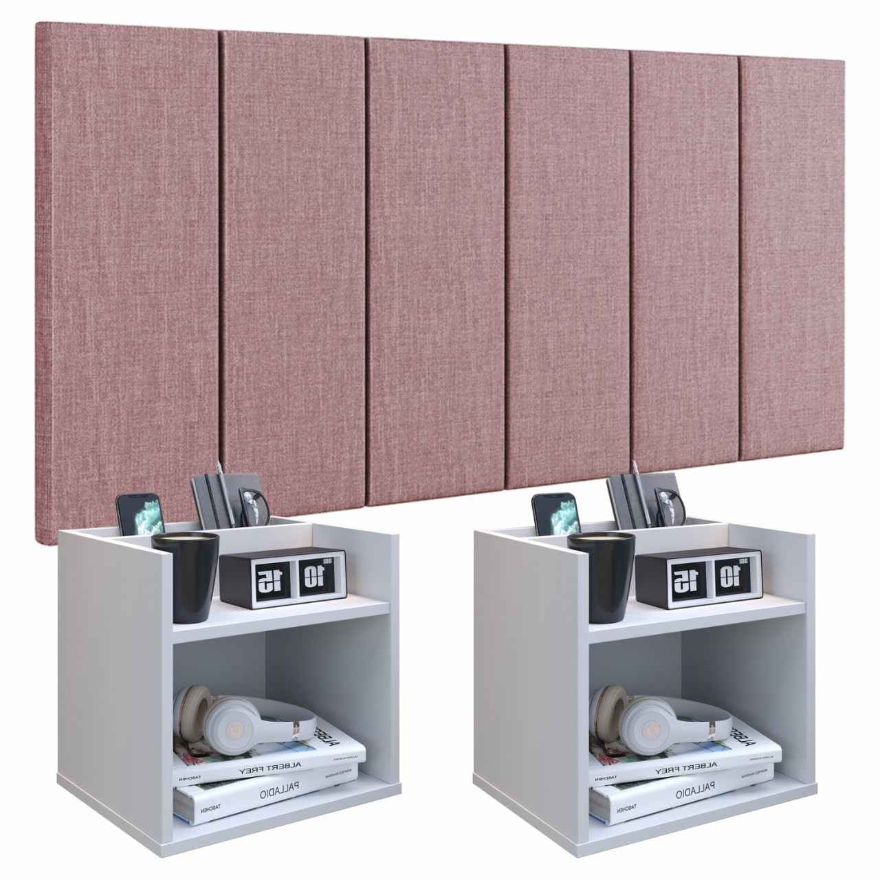 Conjunto Cabeceira Casal Queen 160cm com Mesa de Cabeceira Suspenso e Porta Celular Madri Rosa