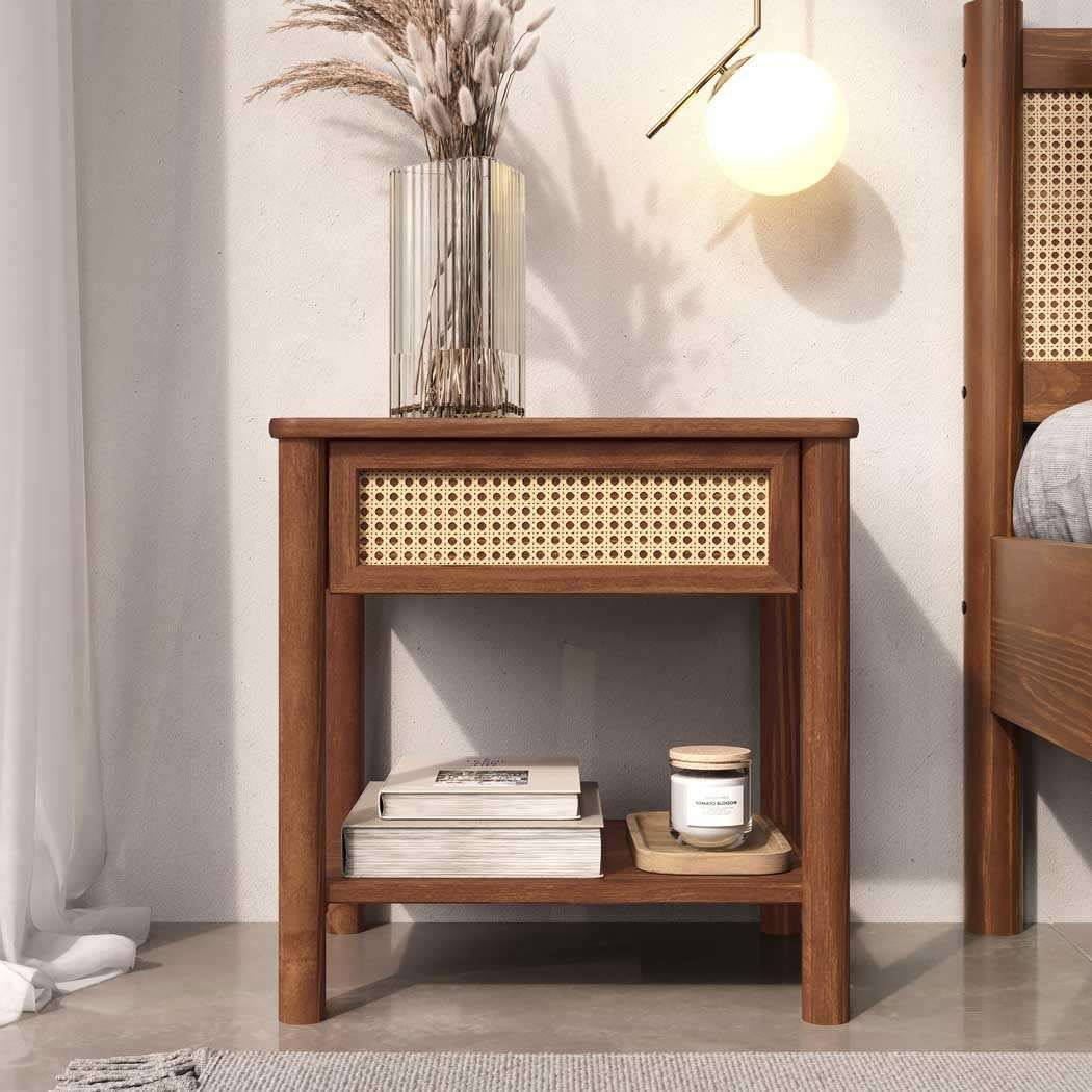 Mesa de Cabeceira em Palhinha Natural com Madeira Maciça - Design Artesanal para Quarto de Casal