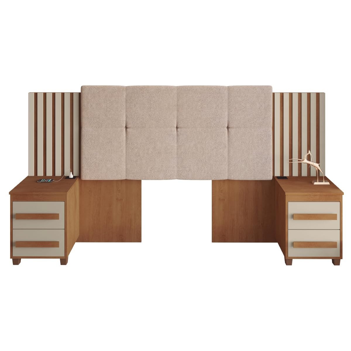 Cabeceira Casal Extensível com 2 Mesas de Apoio Ripado Estofada Cinamomo/Off White Suíça RV
