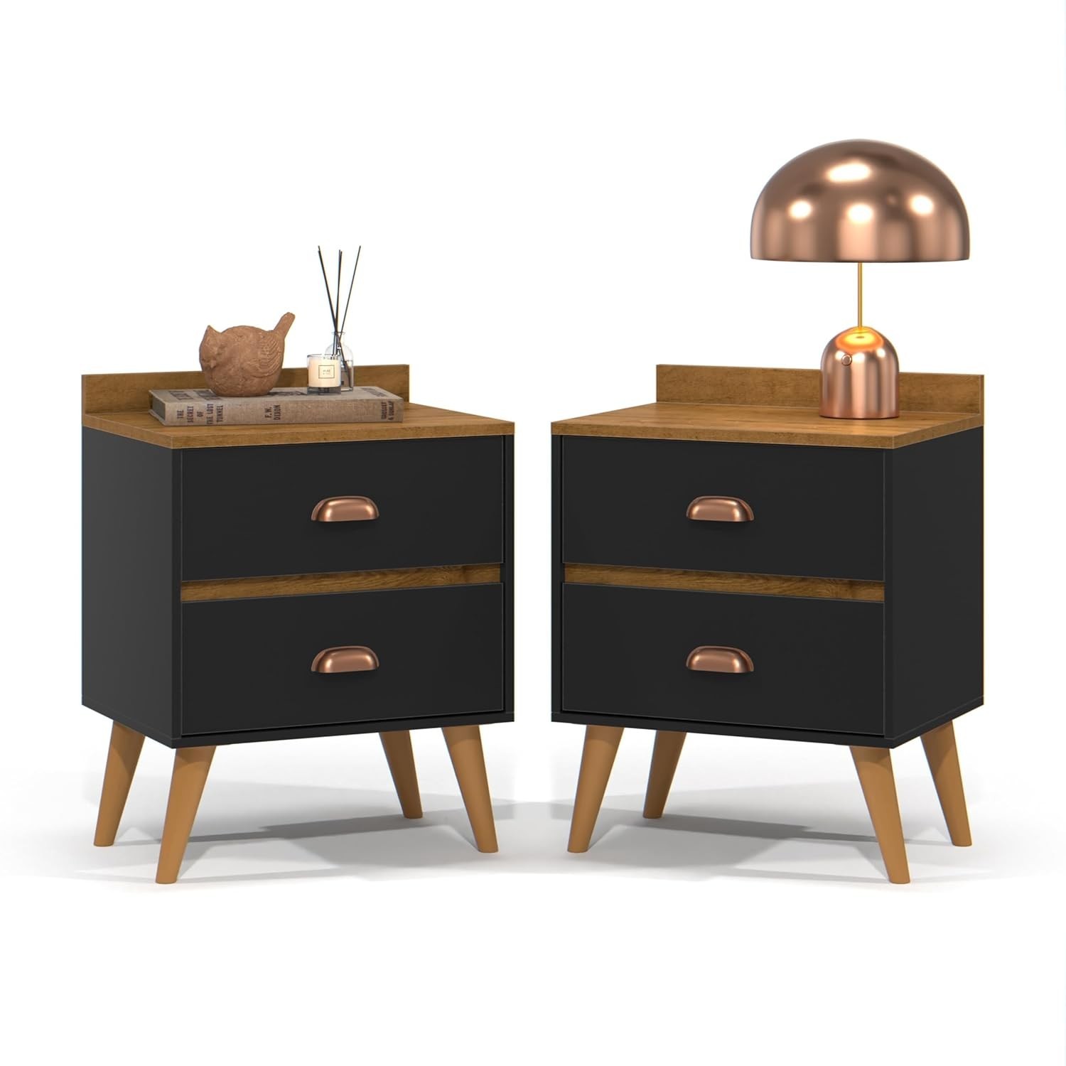 Kit 2 Mesas de Cabeceira Retro Madero com Nichos, Gavetas e Pés em PVC - Design Moderno e Funcional