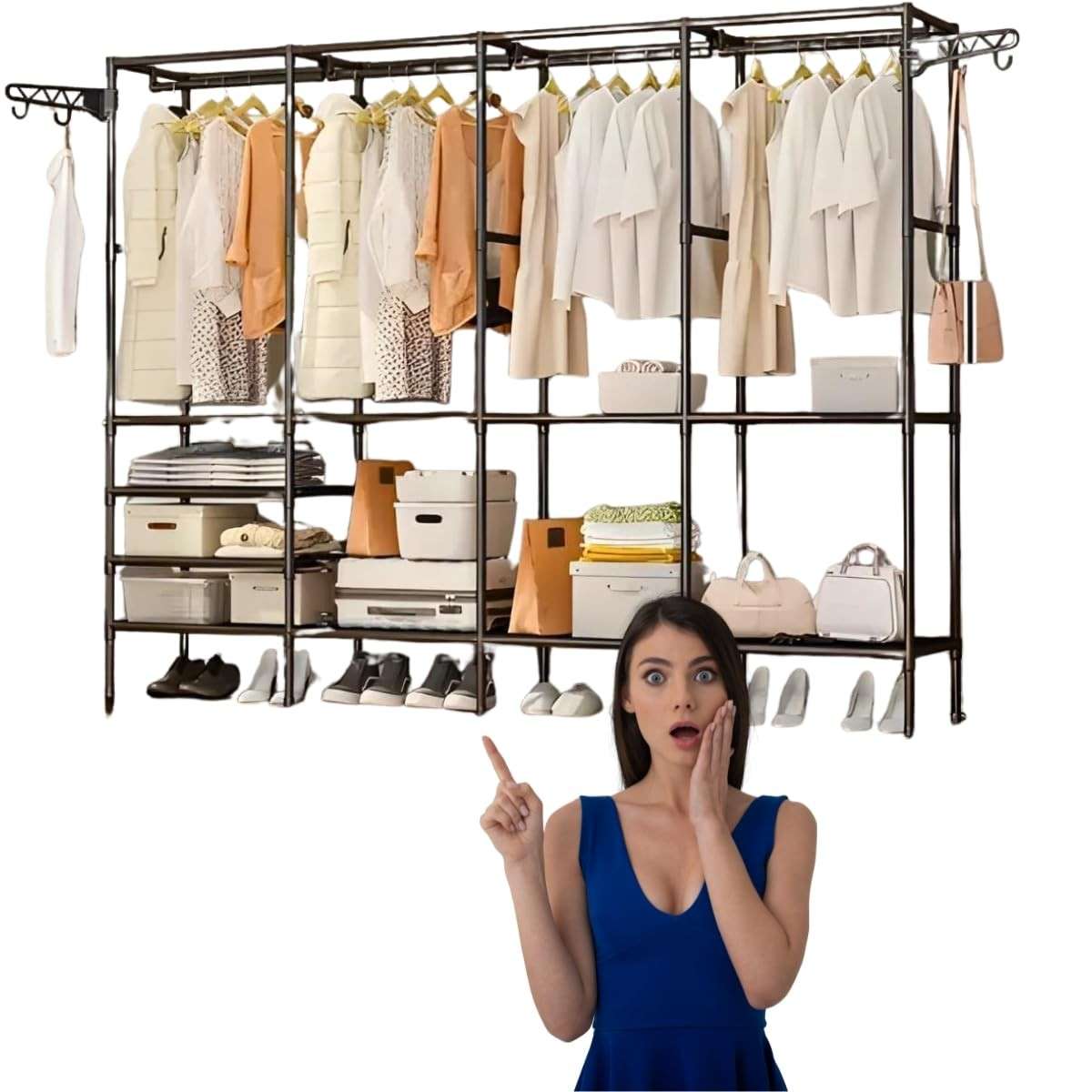 Arara Cabideiro 4 Colunas com Sapateira e 10 Prateleiras – Armário Organizador Moderno para Closet e Quarto