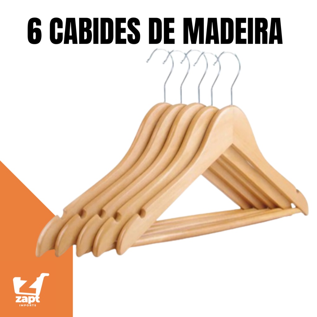 Cabides de Madeira Marfim com Verniz – Kit 6 Unidades para Closet e Casa