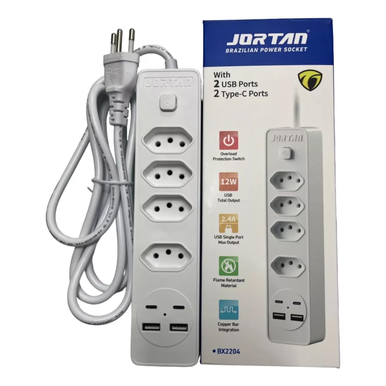 Régua de Energia Inteligente: 4 Tomadas, 2 USB-A, 2 USB-C e Cabo 2m - Branco