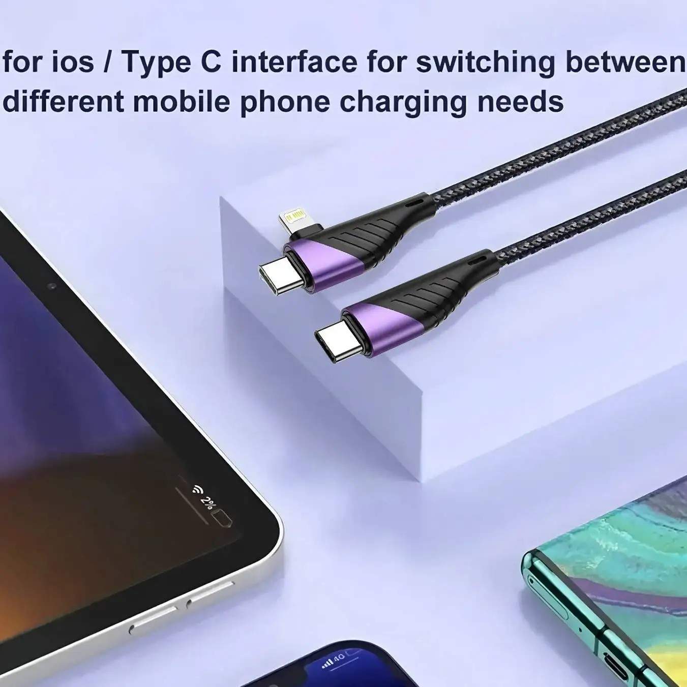 Cabo 2 em 1 USB-C e Lightning 90°: Carga Rápida e Gamer
