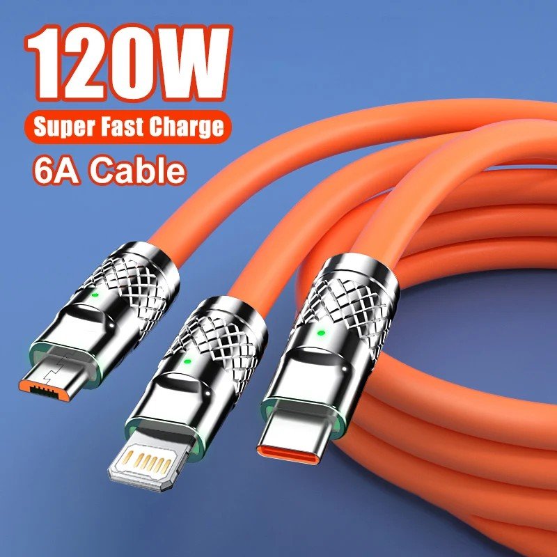 Cabo 3 em 1 120W: Carregue Rápido iPhone, Samsung e Mais!