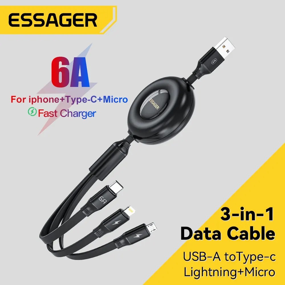 Cabo 3 em 1 Essager 66W: Carregamento Turbo!