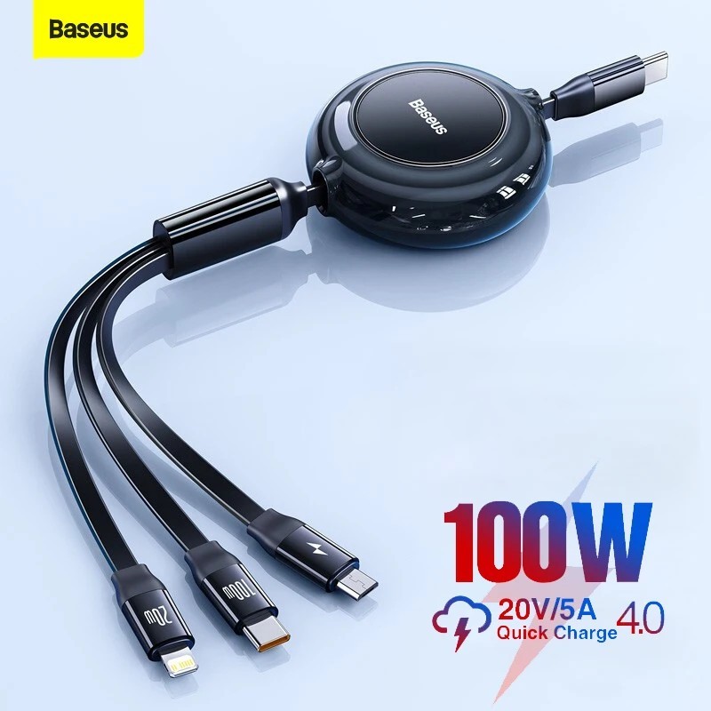 Cabo 3x1 Baseus 100W: Carregue Rápido!