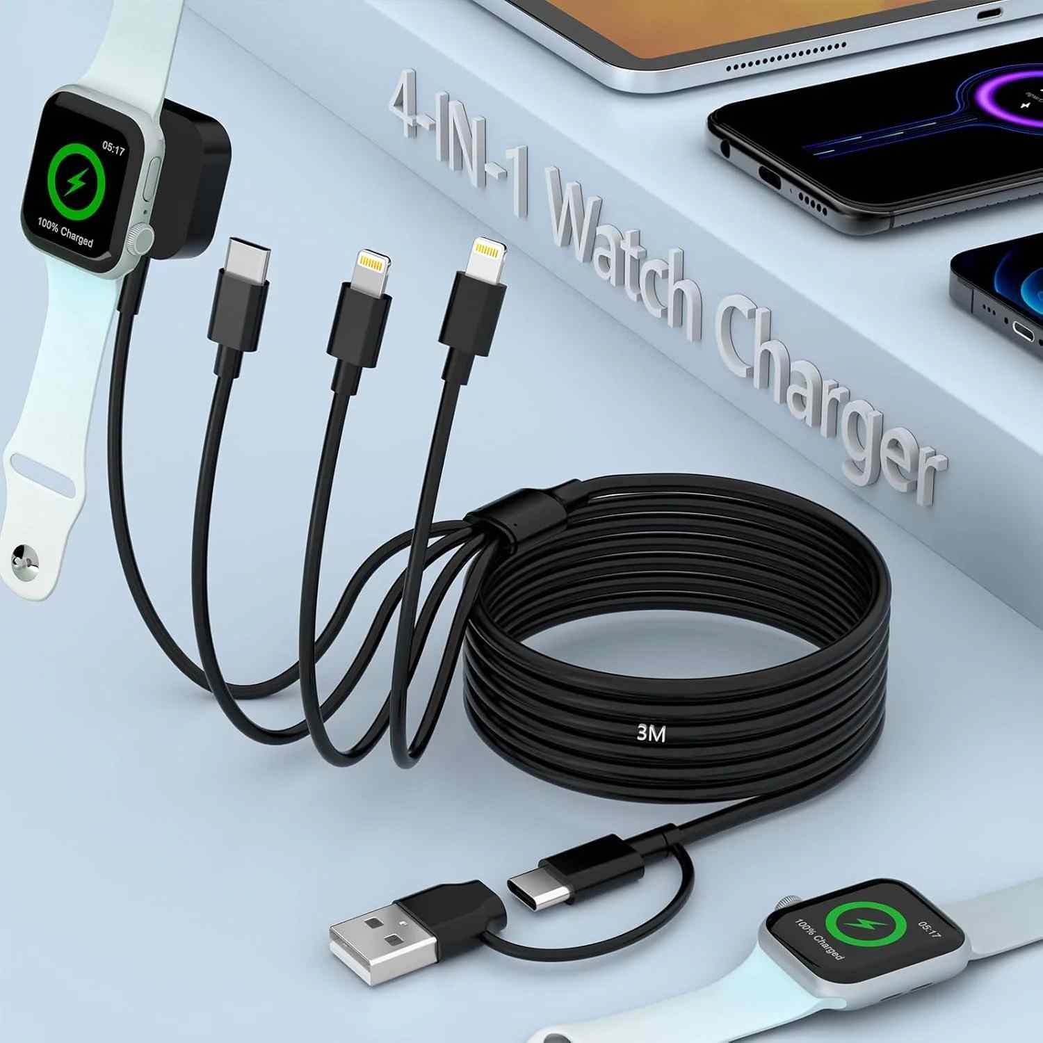 Cabo 4 em 1: Carregador Apple Watch, iPhone e AirPods