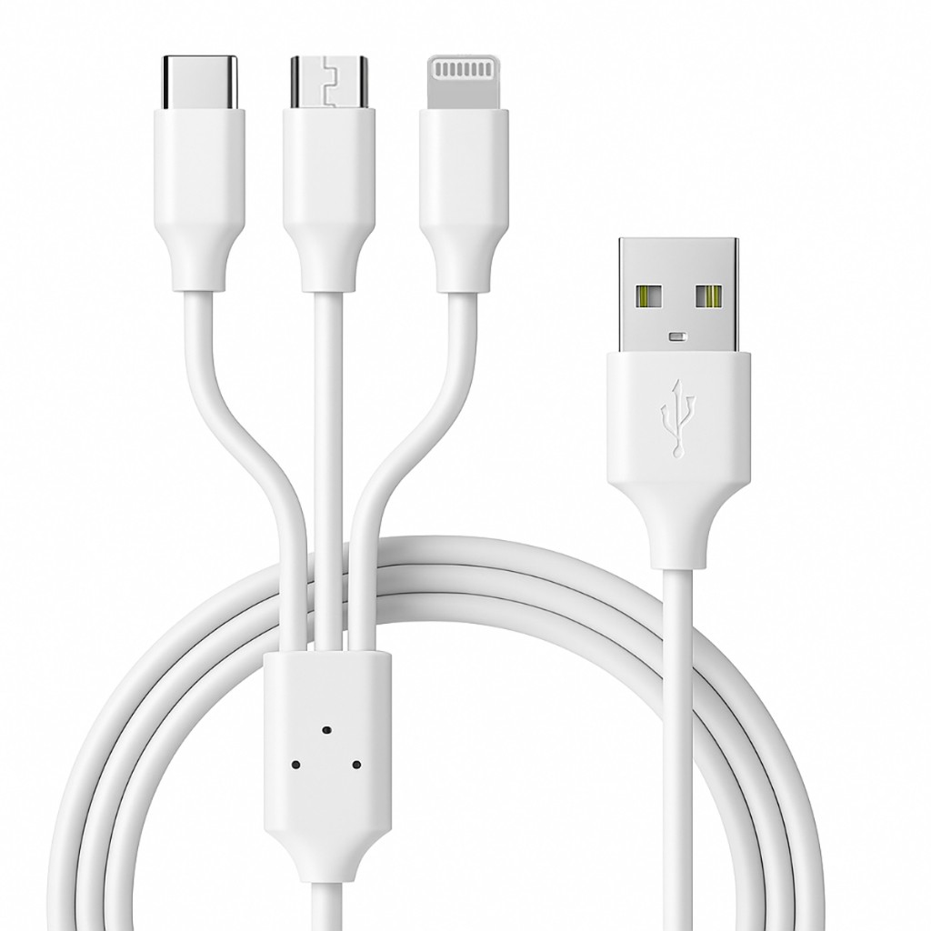 Cabo Carregador 65W 3 em 1 Inova: Carregue iPhone, Android e USB-C ao Mesmo Tempo