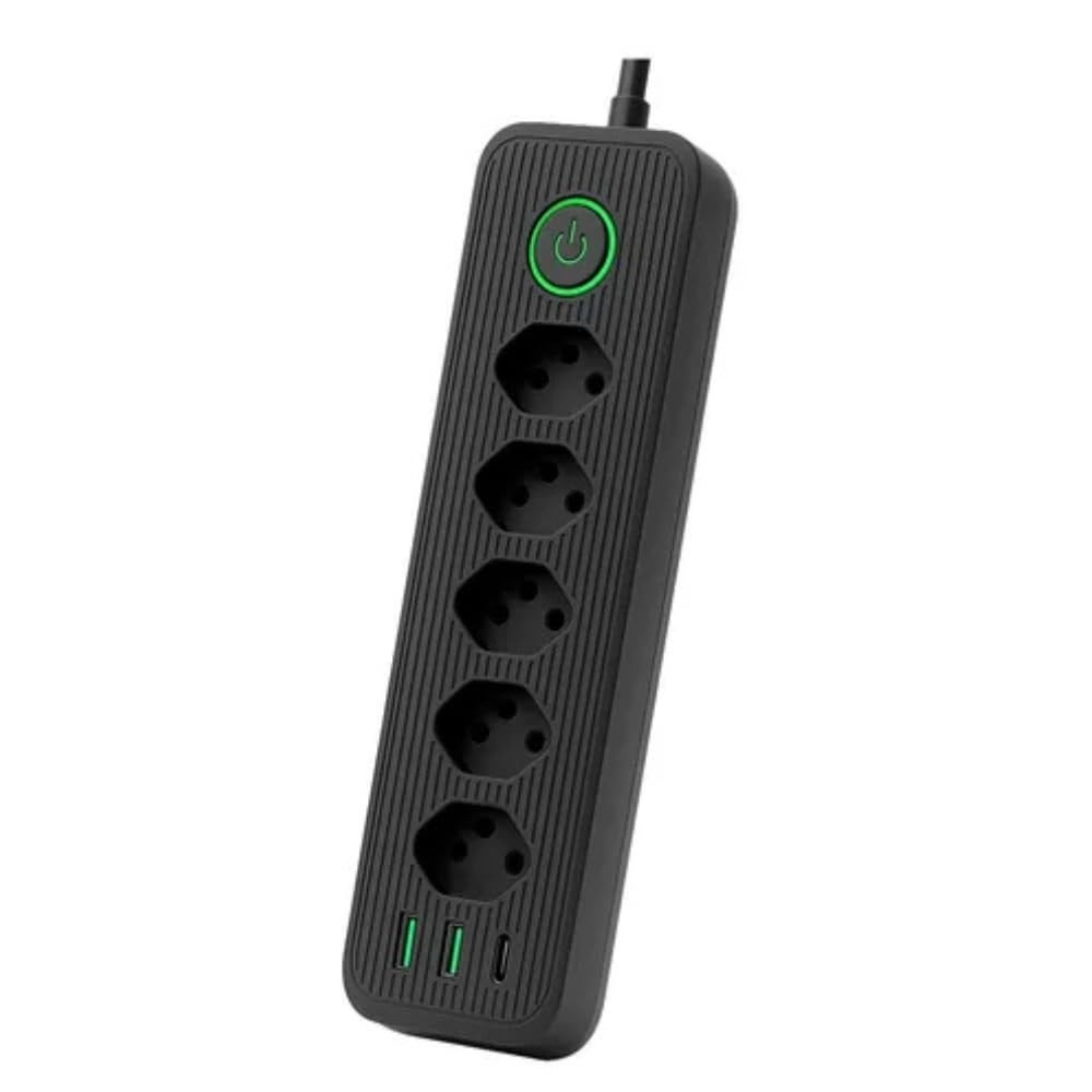 Régua de Energia Inteligente: 5 Tomadas, 2 USB-A + 1 USB-C, Cabo 2m (Preto)