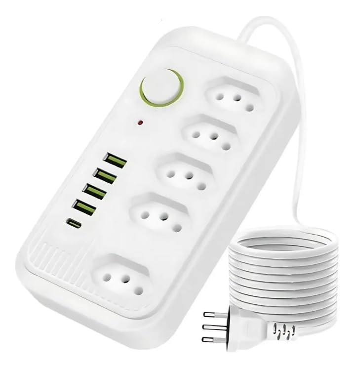 Filtro de Linha Premium: 5 Tomadas, 4 USB, 1 USB-C, Cabo 2m, 2500W - Segurança e Praticidade Total!