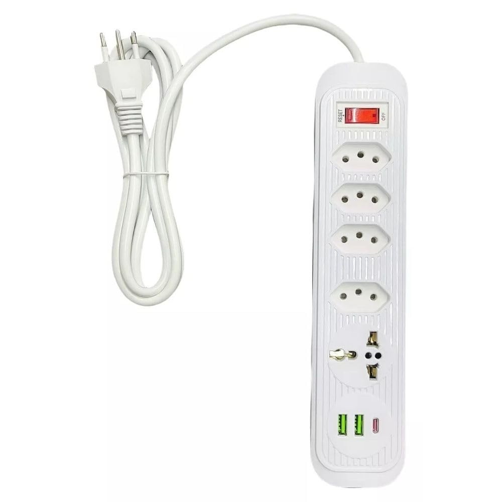 Régua de Energia Inteligente: 4 Tomadas, USB-C, USB e Tomada Universal com Cabo de 2m