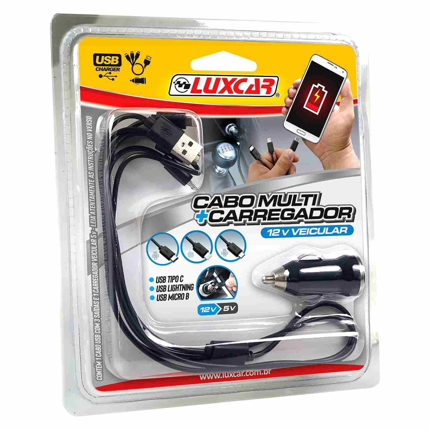 Luxcar Cabo Multi 3 em 1: Carregador Universal 12V para Todos os Seus Dispositivos
