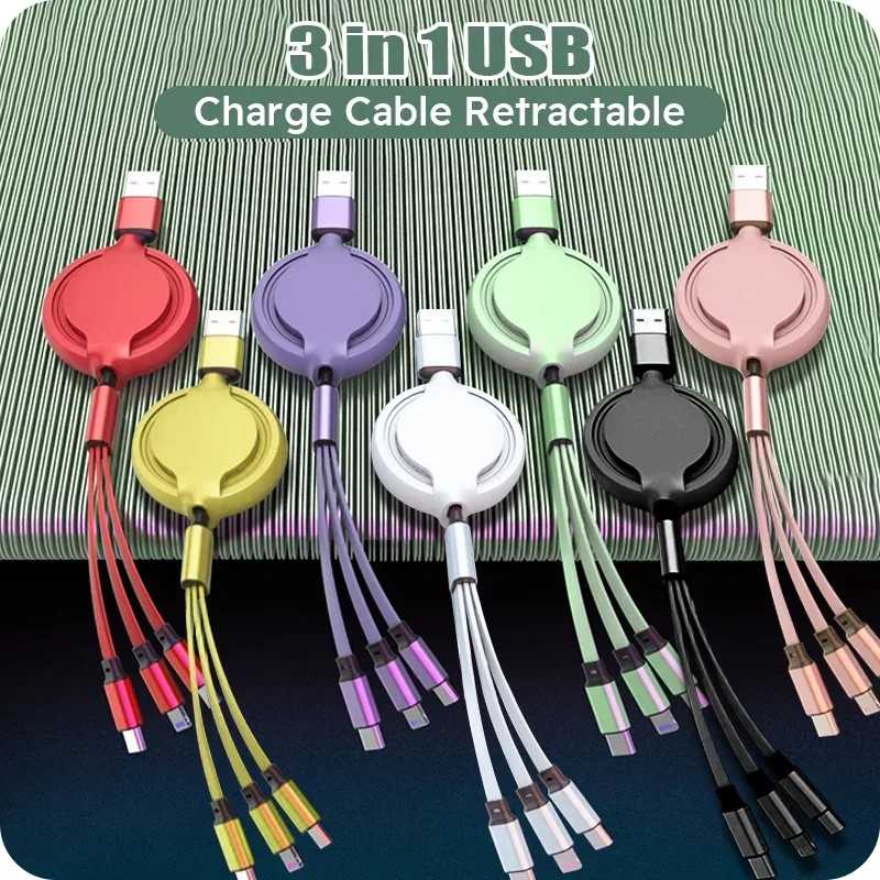 Cabo USB 3x1 Retrátil: Carregue Rápido!