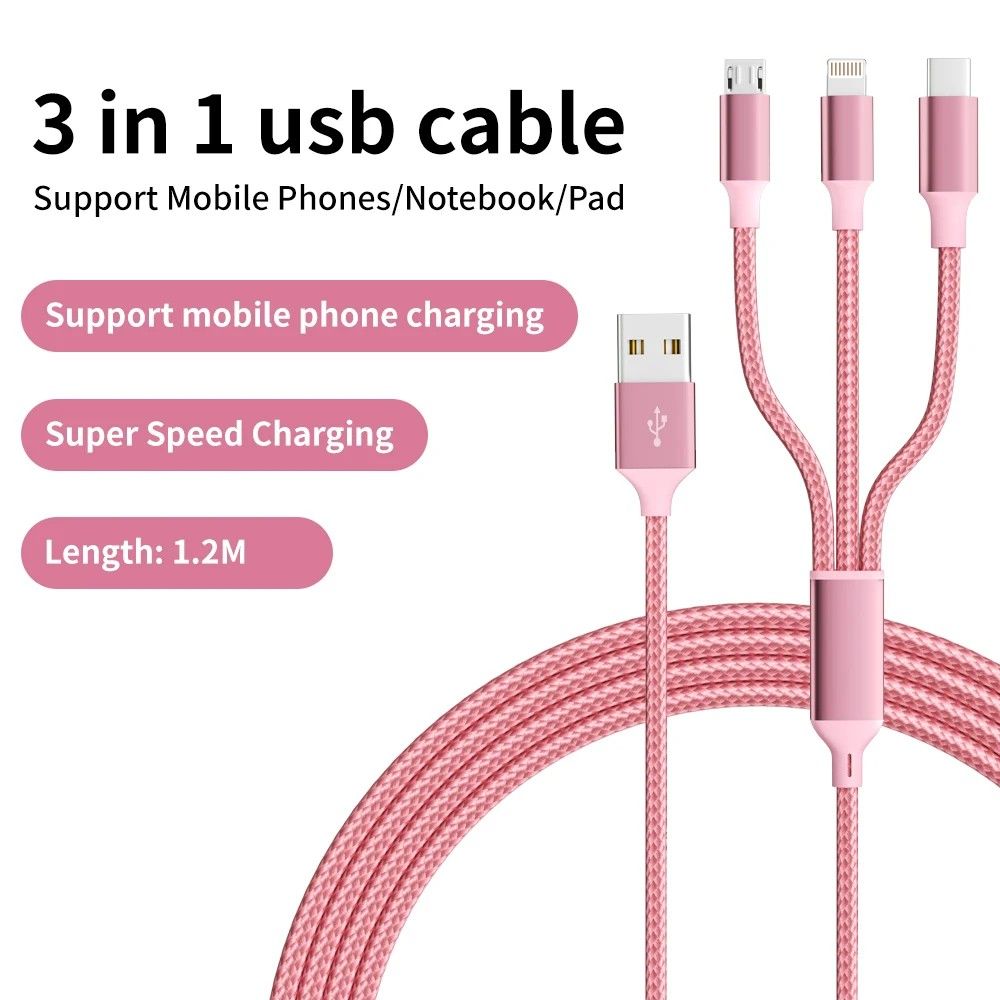 Cabo USB 3x1 Rosa: Carregue Rápido!