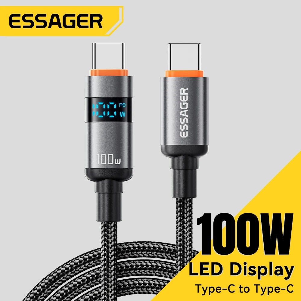 Cabo USB-C 100W Essager: Carregamento Turbo e Dados!