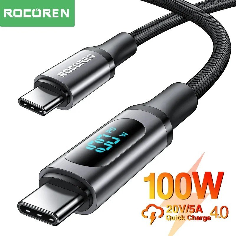 Cabo USB-C 100W Rocoren: Carregamento Turbo + Visor LED