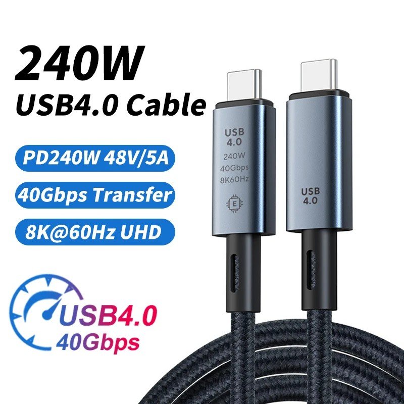 Cabo USB-C 240W: Carregamento Turbo + Dados 8K