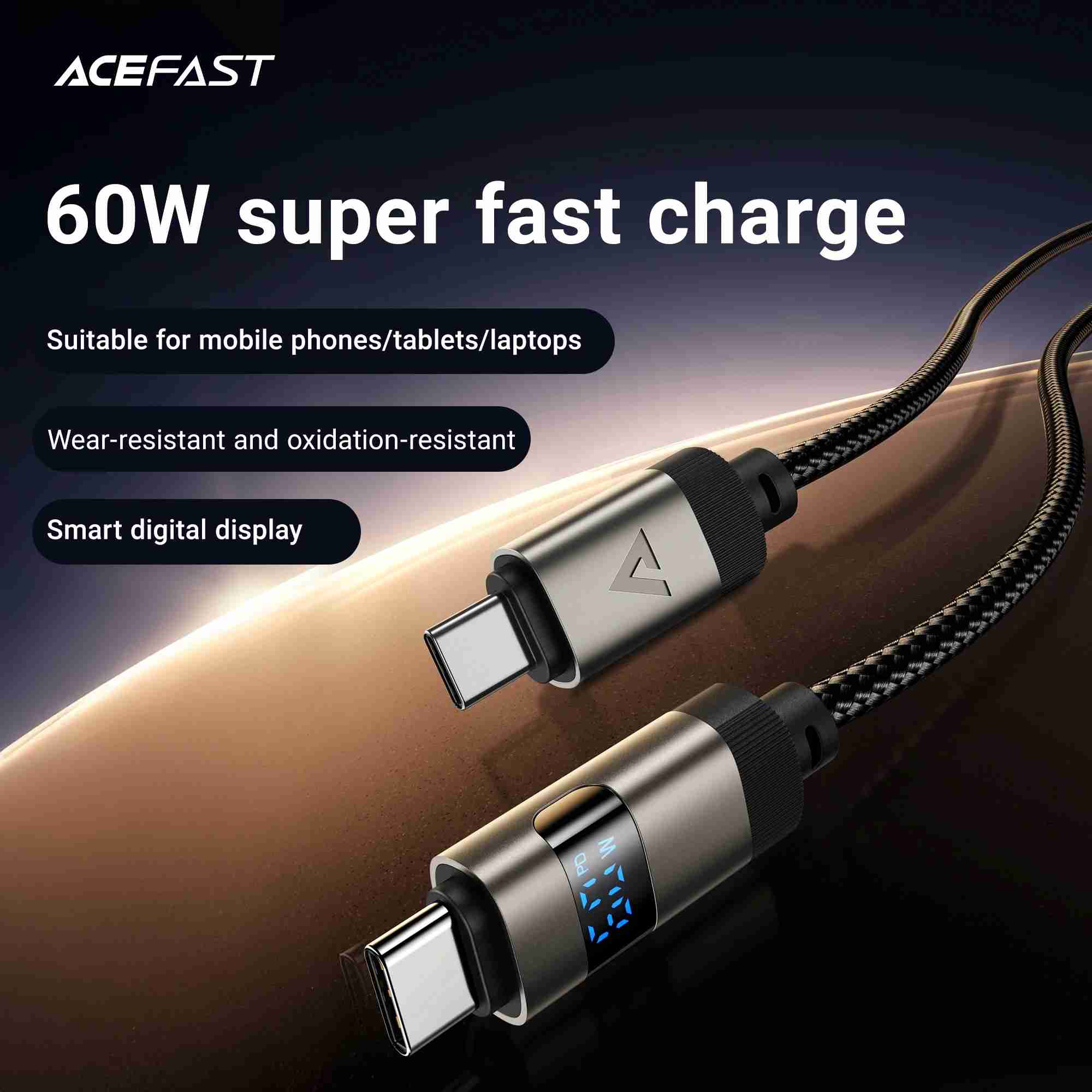 Cabo USB-C 60W ACEFAST: Carregamento Rápido + Display LED