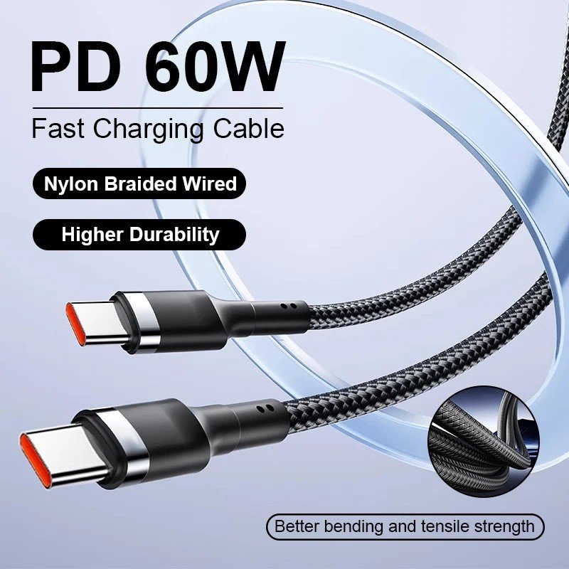 Cabo USB-C 60W: Carregamento Rápido iPhone & Samsung