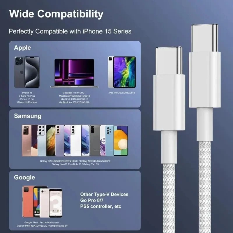 Cabo USB-C 60W PD: Carga Ultra Rápida para iPhone e Android