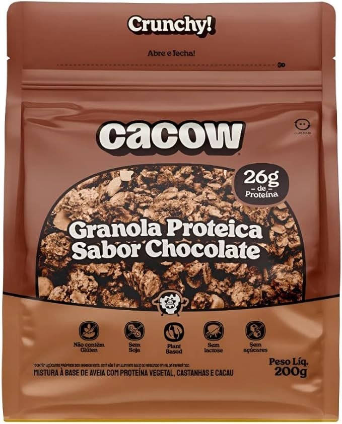CACOW Granola Proteica | Fonte de Proteína Zero Açúcar Sem Glúten e Sem Lactose Vegano | Pacote 200g (Chocolate)