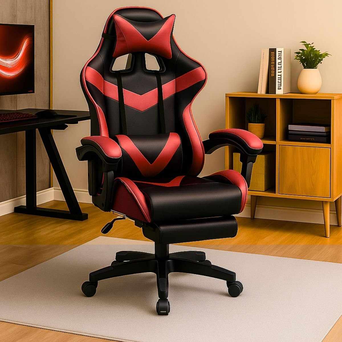 Cadeira Gamer Nitro Ergonômica com Apoio de Pés - Couro Sintético, Reclinável e Ajustável em Altura - Cor Vermelho