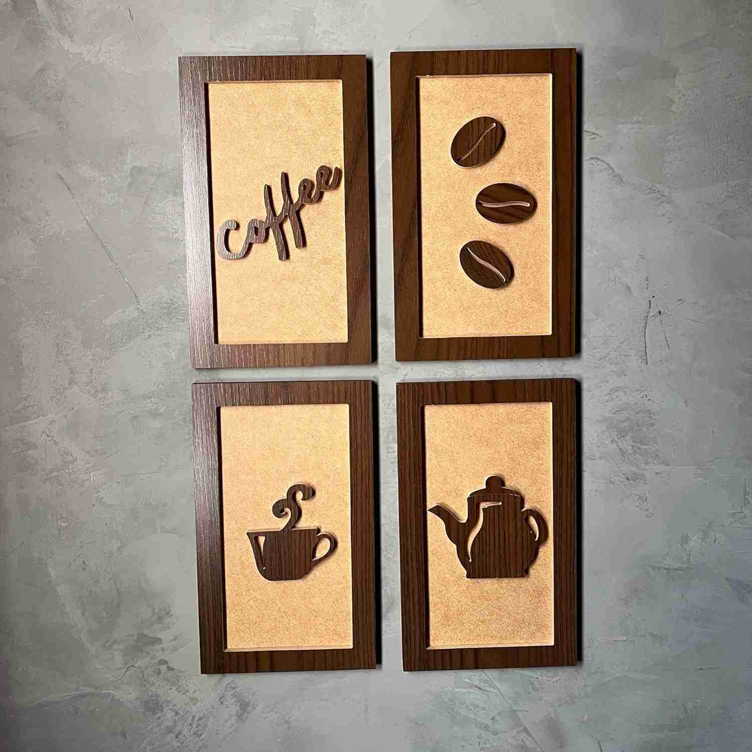 Quadros Cantinho do Café 4 Peças 15x25cm - Decoração Rústica com Tema Grãos