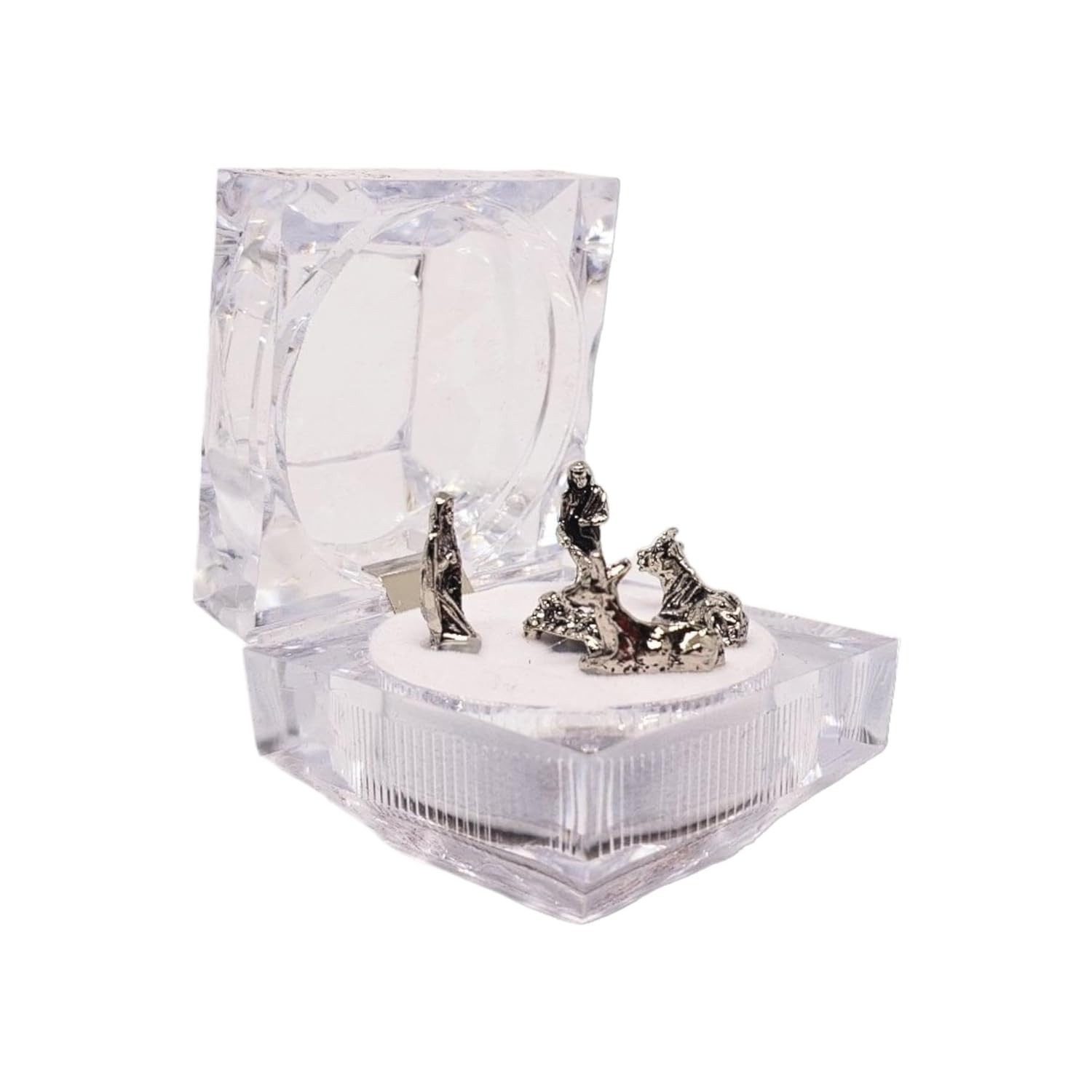 Mini Presépio de Metal com Caixa de Cristal - Lembrancinha e Enfeite Natalino Elegante (Prata)