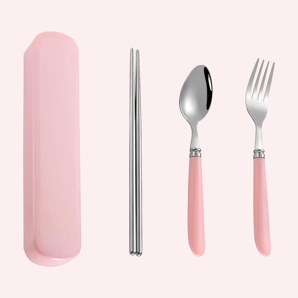 Conjunto de Talheres Reutilizáveis em Aço Inox com Caixa Portátil Rosa - Garfo, Colher e Pauzinhos para Acampamento, Escola e Escritório