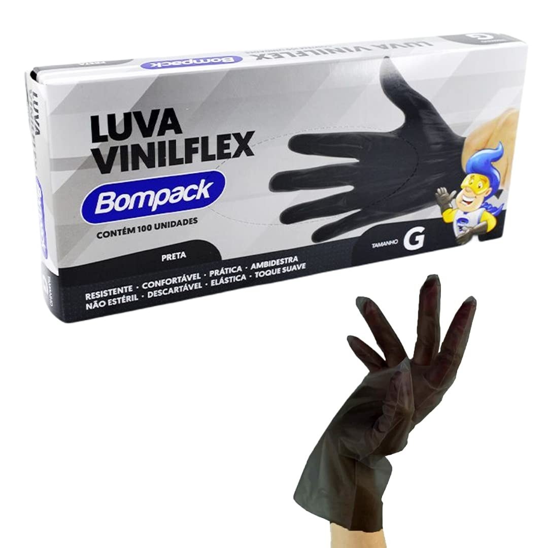 Luva de Vinil Descartável Bompack S/P Preta G - Caixa com 100 Unidades