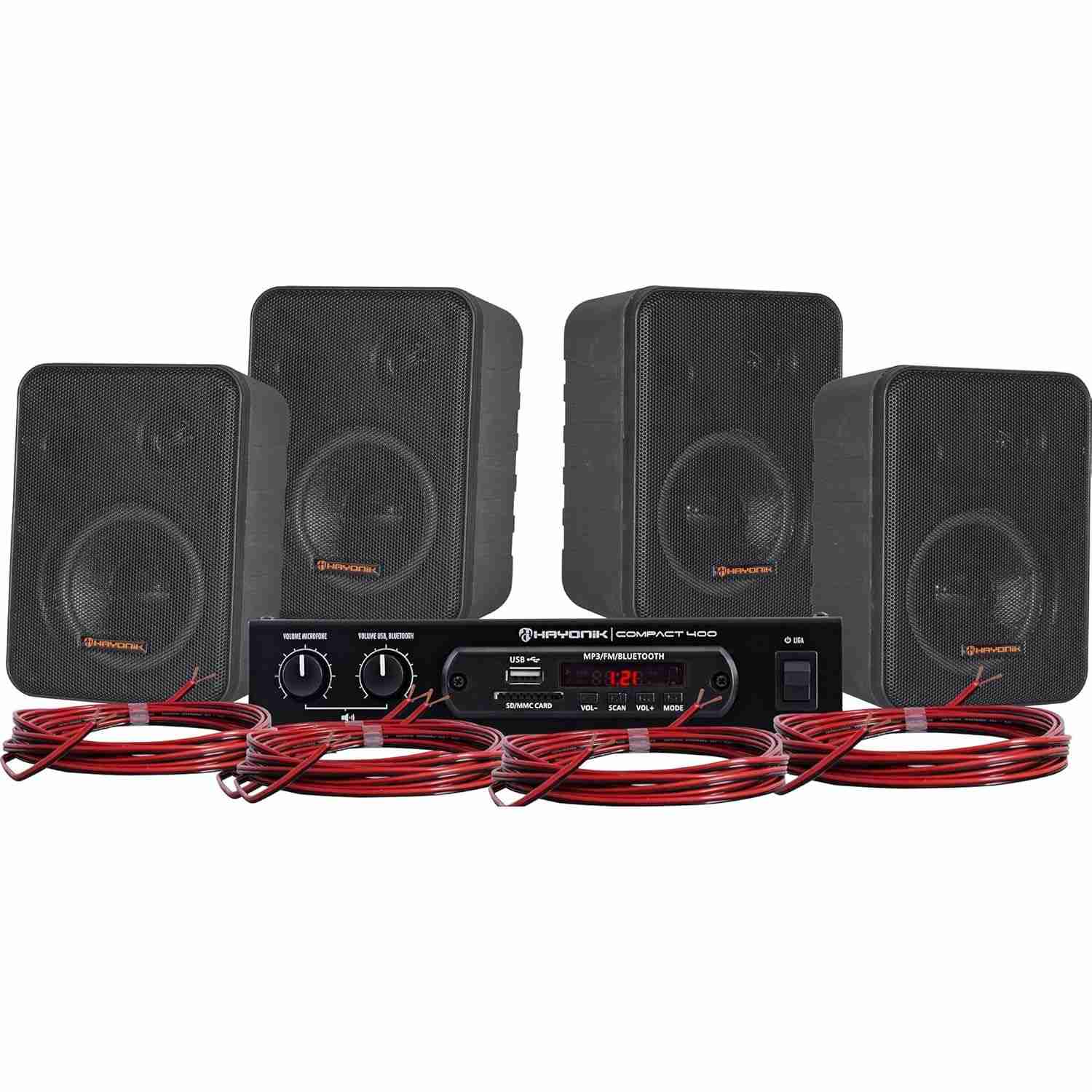 Kit Som Ambiente Hayonik 400W: 4 Caixas Pretas, Amplificador Bluetooth, USB e Mais!
