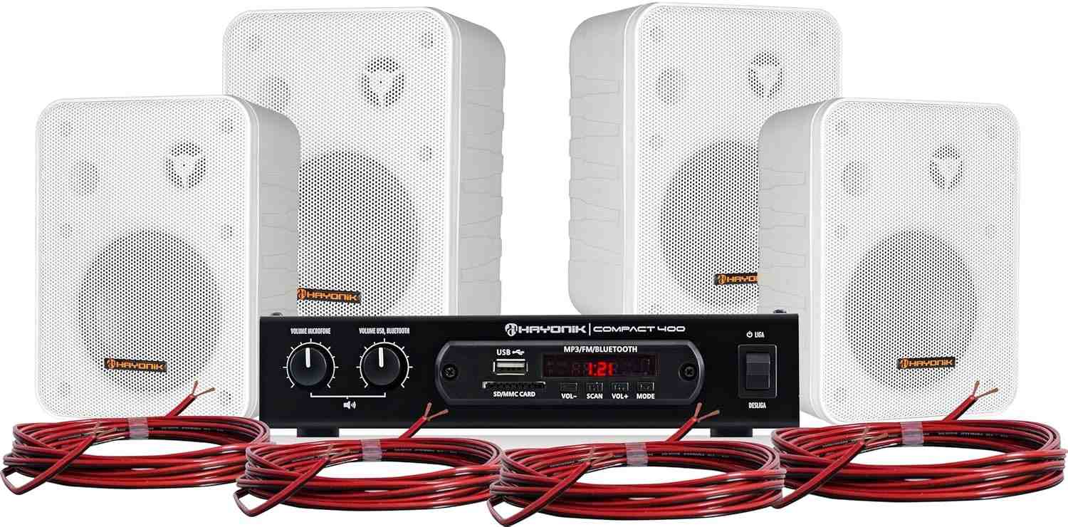Kit Som Ambiente Hayonik 400W: 4 Caixas Brancas, Amplificador Bluetooth, USB e Mais!