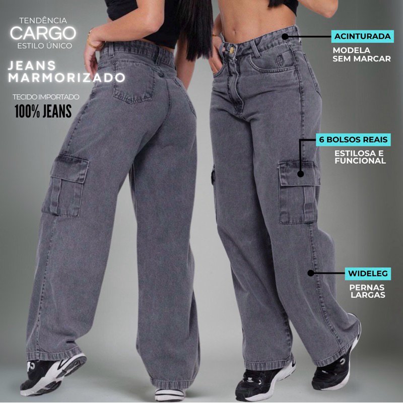 Calça Cargo Wide Leg Jeans Grafite: Estilo e Conforto