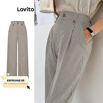Calça Feminina Gingham Lovito com Botão – Estilo Casual Moderno