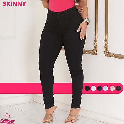 Calça Jeans Feminina Stillger Preta Skinny Cintura Alta Levanta Bumbum