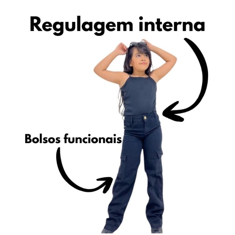 Calça Wide Leg Cargo Preta Regulável – Conforto e Versatilidade