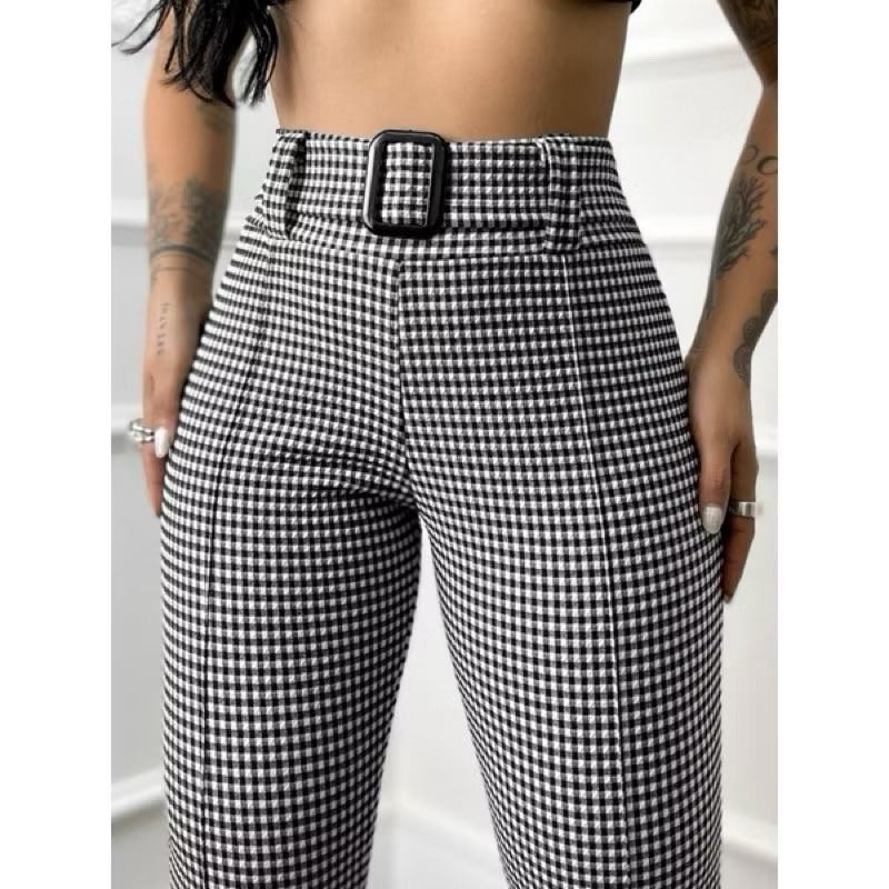 Calça Xadrez Cintura Alta com Cinto Fake